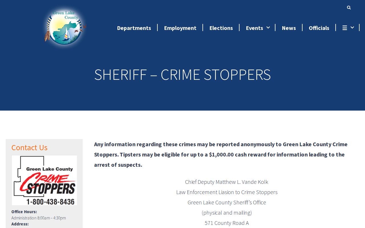 Green Lake County wanted-record Crime Stoppers tip page